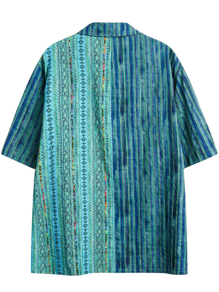 Men's Summer Ethnic Style Contrast Color Patchwork Short Sleeve Shirt