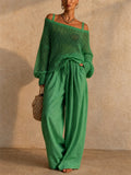 Women 2 Piece Crochet Top and Wide Leg Beach Pants Set