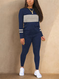 Women Color Block Tracksuit Long Sleeve Crew Neck Top and Leggings Set