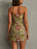 Womens Strapless Floral Embroidered Fringe Mini Party Dress