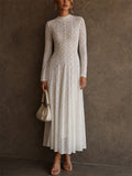 Women White Mock Neck Geometric Lace Long Sleeve Maxi Dress