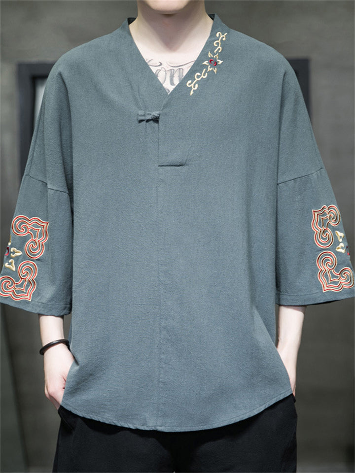 Men's Chinese Style Embroidered 3/4 Sleeve Hanfu TangSuit Shirt