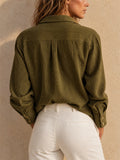 Women Olive Green Patchwork Textured Button Down Long Sleeve Shirt