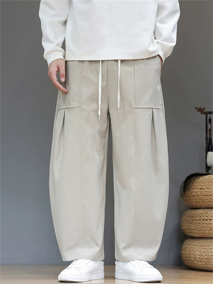 Men's Japanese Style Simple Pleated Drawstring Wide Leg Pants with Pockets