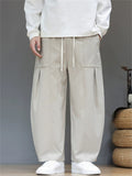 Men's Japanese Style Simple Pleated Drawstring Wide Leg Pants with Pockets