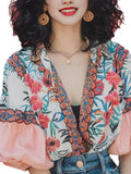 Summer Floral Embroidery V-Neck Bubble Sleeve Shirt for Women