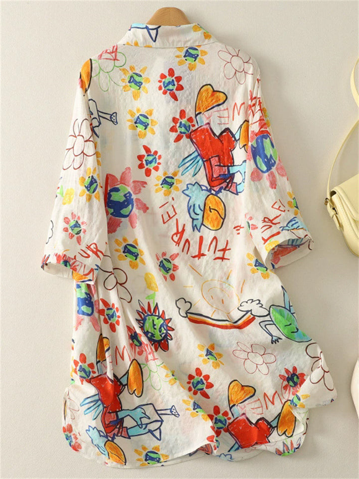 Women's Casual Summer Colorful Graffiti Printed Lapel Half Sleeve Shirt