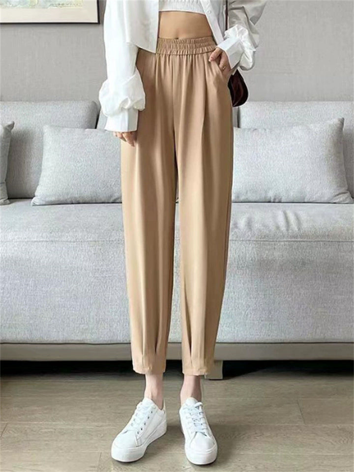 Women's Casual Ick Silk High Waisted Cropped Pants with Elastic Waist