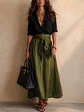 Women 2 Piece Contrast Color Button Down Shirt and High Waist Skirt Set
