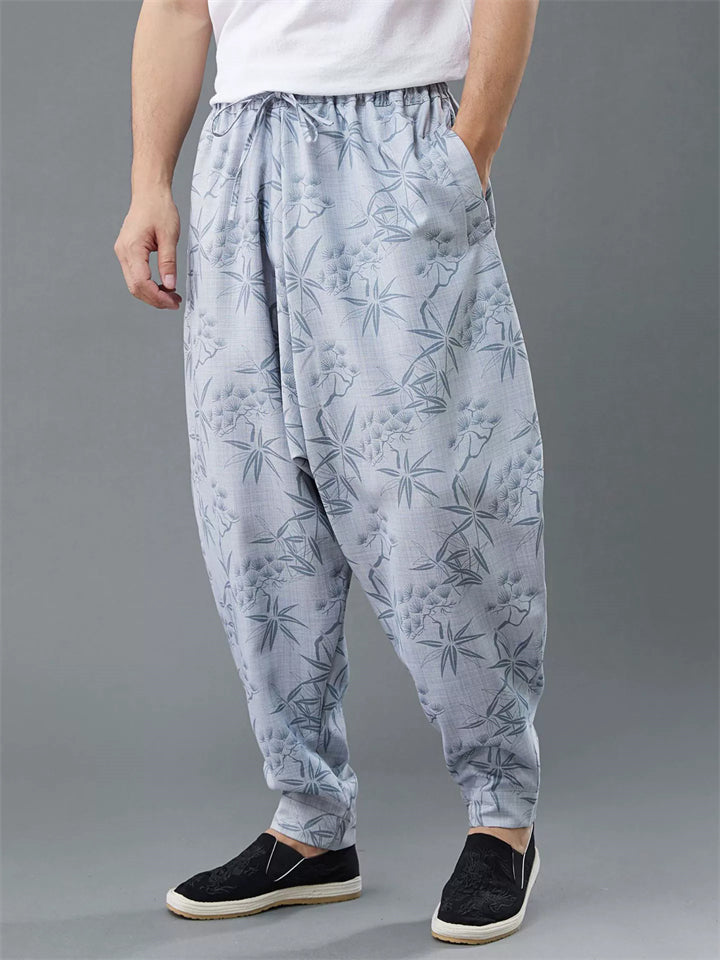 Loose Leaf Print Elastic Waist Kung Fu Tai Chi Pants for Men