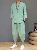 Men's 2Pcs Retro Chinese Style Casual Solid Color 3/4 Sleeve V Neck Outfits