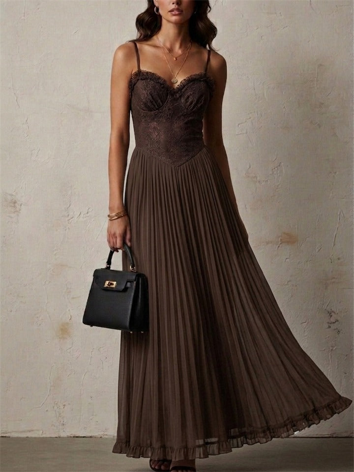 Women Coffee Elegant Flowy Lace Corset Pleated Maxi Dress