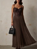 Women Coffee Elegant Flowy Lace Corset Pleated Maxi Dress
