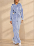 Women Velvet 2 Piece Zip Up Hoodie Wide Leg Pants Tracksuit Set