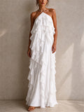 Women Summer Sexy Backless Halter Ruffle Layered Maxi Dress