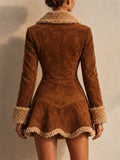 Women Vintage Faux Suede Coat Shearling Trim Button Front Winter Coat