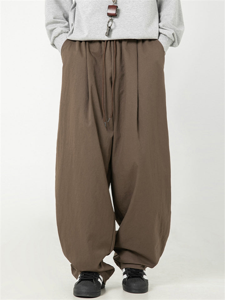 Men's Retro Solid Color Drawstring Wide Leg Scimitar Cargo Pants
