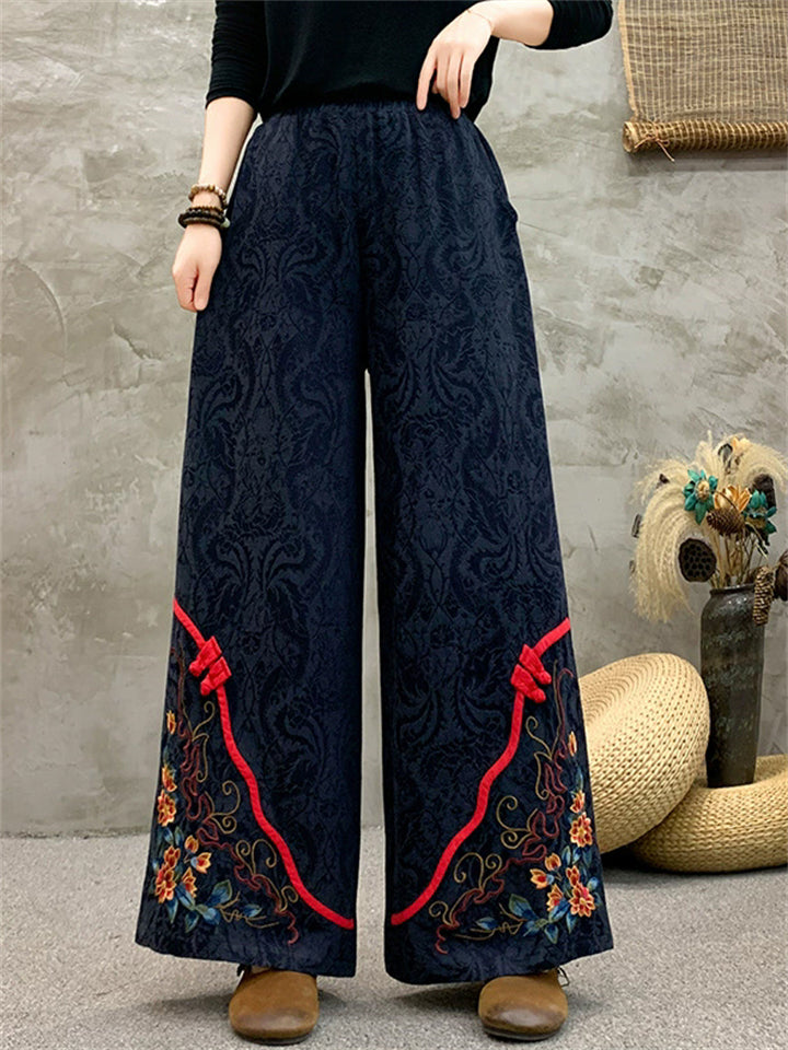 Women's Ethnic Style Floral Embroidered Frog Button Decor Wide Leg Pants