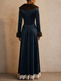 Women Fur Collar Lace Trim Blue Victorian Velvet Maxi Dress