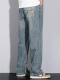 Men's Retro High Street Fashion Elastic Waist Drawstring Wide-Leg Straight Jeans