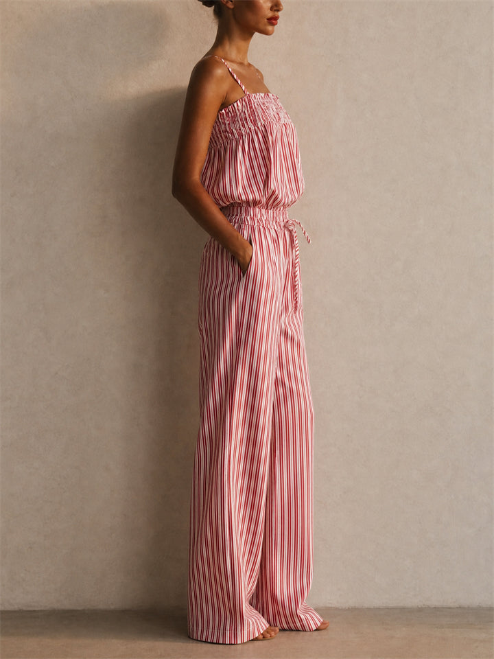 Women Holiday Style Striped 2 Piece Cami and Wide Leg Pants Set