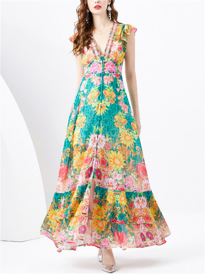 Elegant Deep V Neck Sleeveless Floral Beach Dress for Women