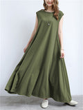 Japanese Style Solid Color Sleeveless Big Hem Maxi Dress