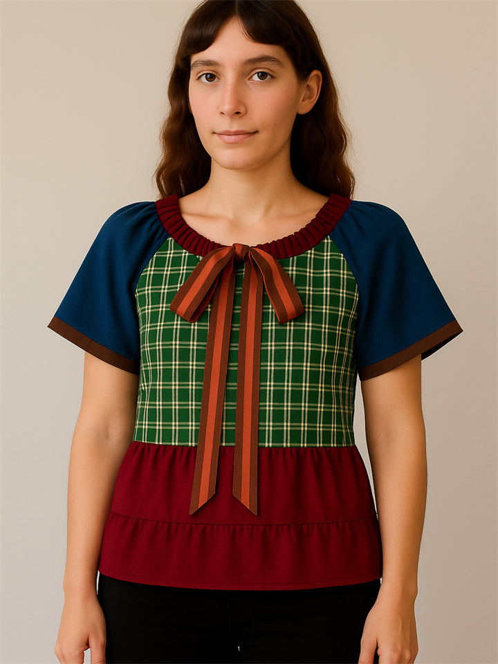 Contrast Color Plaid Patchwork Tie Neck Short Sleeve Shirts