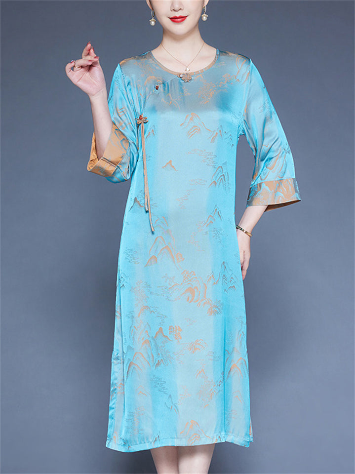 Women's Mountain Print Contrast Trim O-neck 3/4 Sleeve Dress