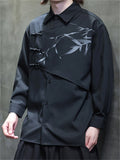 Mens Vintage Chinese Style Ink Bamboo Print Patchwork Button Shirts