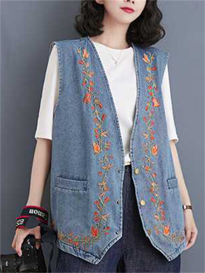 Women's Floral Embroidery Sleeveless V-Neck Denim Jacket