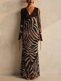 Women Zebra Print Tie Front Long Sleeve Bodycon Maxi Dress