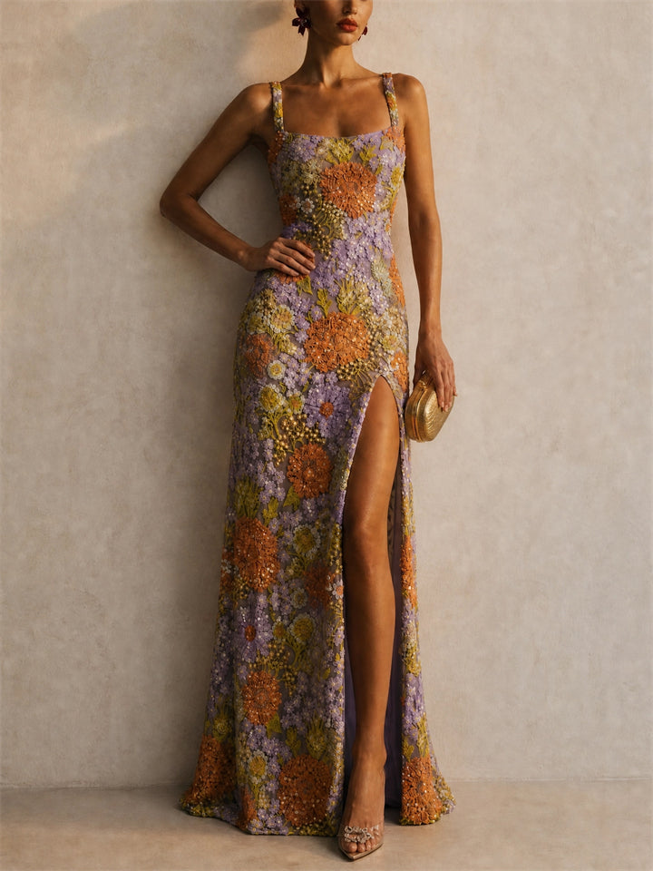 Women 3D Floral Sequins Slit Wedding Guest Gown Formal Prom Dress