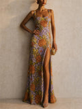 Women 3D Floral Sequins Slit Wedding Guest Gown Formal Prom Dress