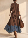 Women Faux Suede Turtleneck Lace Trim Long Sleeve Maxi Dress