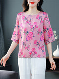 Female Elegant Summer Floral Print O-Neck Half Sleeve Shirt