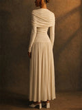 Womens Elegant Scarf Neck Long Sleeve Pleated Draped Maxi Dress
