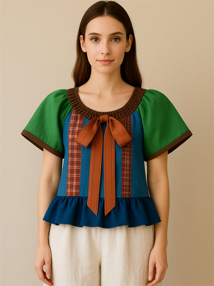 Contrast Color Plaid Patchwork Tie-Neck Lantern Sleeve Shirts