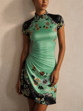 Women Green Floral Ruched Cheongsam Bodycon Mini Party Dress