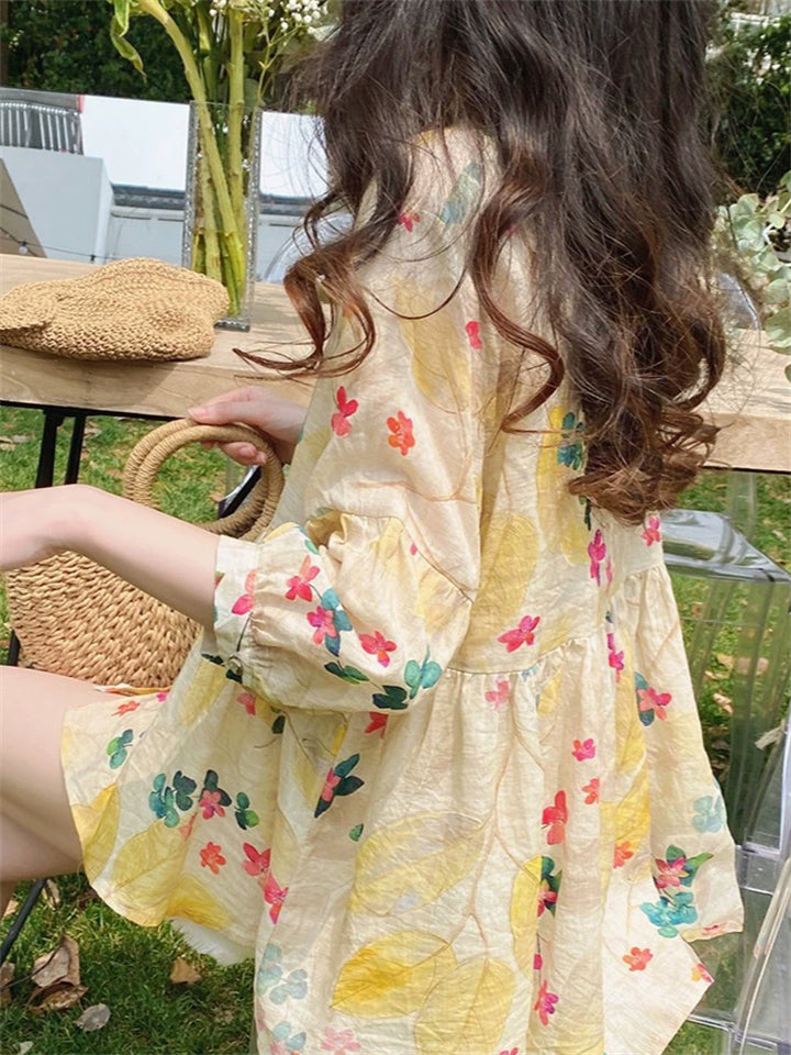 Women's Sweet Style Yellow Floral Printed Fluffy Half Sleeve Shirts