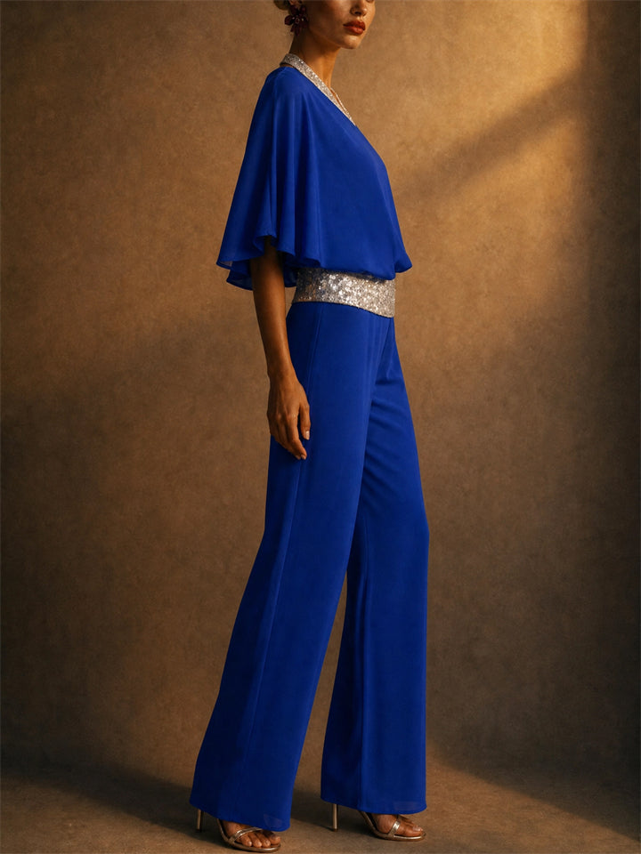 Women 2 Piece Causal Sequin BatWing Sleeve Top and Wide Leg Pants Set