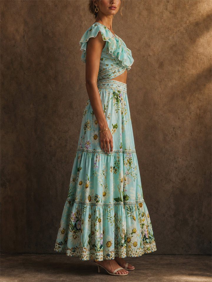 Women 2 Piece Blue Boho Daisy Floral Ruffle Top and Tiered Maxi Skirts Set