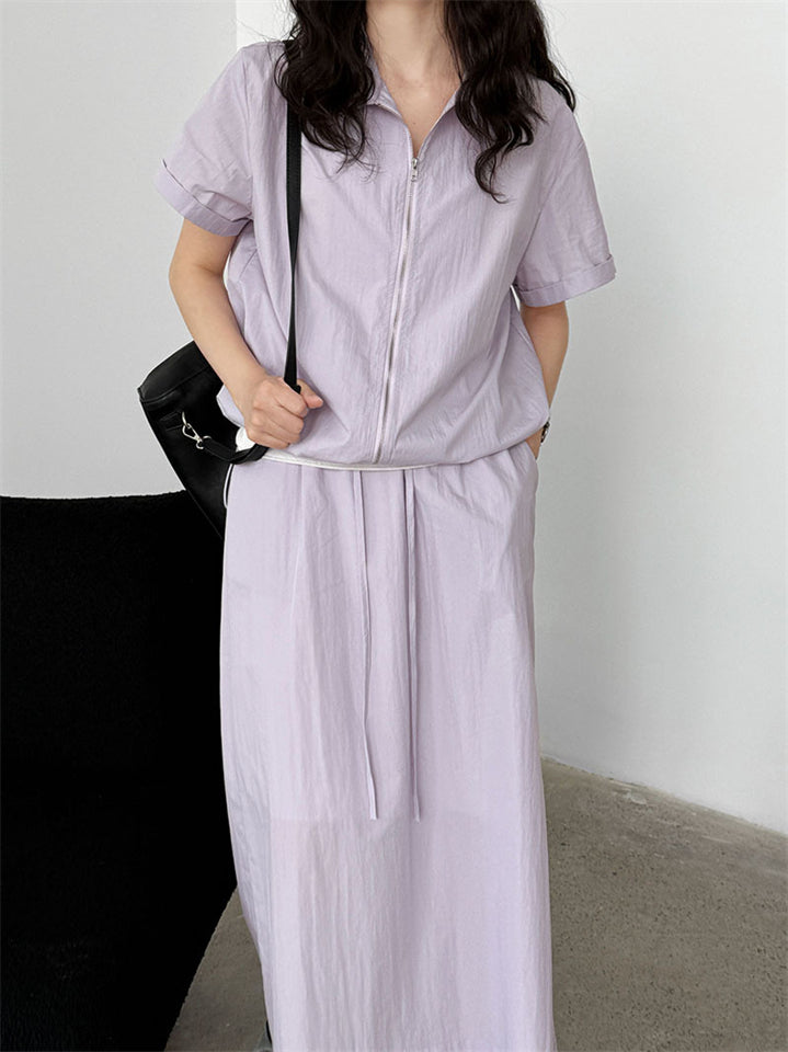 Women's Japanese Style Simple Solid Color Zip Up Short Sleeve Top & Skirt Set