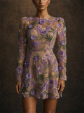 Women 3D Floral Embroidered Long Sleeve Mesh Mini Dress