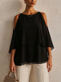 Womens Cold Shoulder Chiffon Top Layered Summer Blouse
