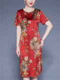 Flower Print O-neck Short Sleeve A-Line Dress for Women