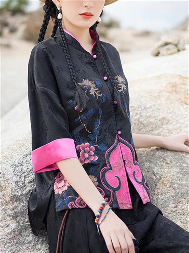 Women's Summer Contrast Color Ethnic Style Embroidered  Button Up Shirts