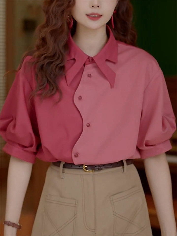 Women's Retro Chic Pink Contrast Color Button Up Puffed Sleeve Shirts