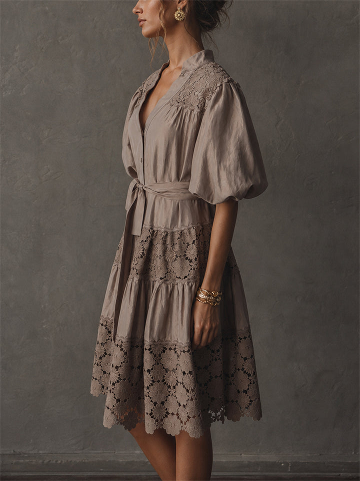 Women Shimmer Puff Sleeve Smocked Wedding Guest Dress
