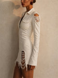 Women Zip Long Sleeve White Distressed Denim Mini Dress